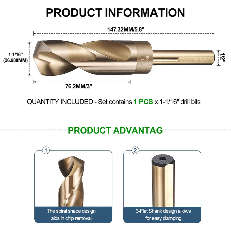 METALLIXITY Drill Bit (1-1/16"), 1/2" Reduced Shank 3-Flat M35 5% Cobalt HSS 135° for Stainless Steel DIY Projects Tool Gold 1-1/16" (26.988mm) 1/2"