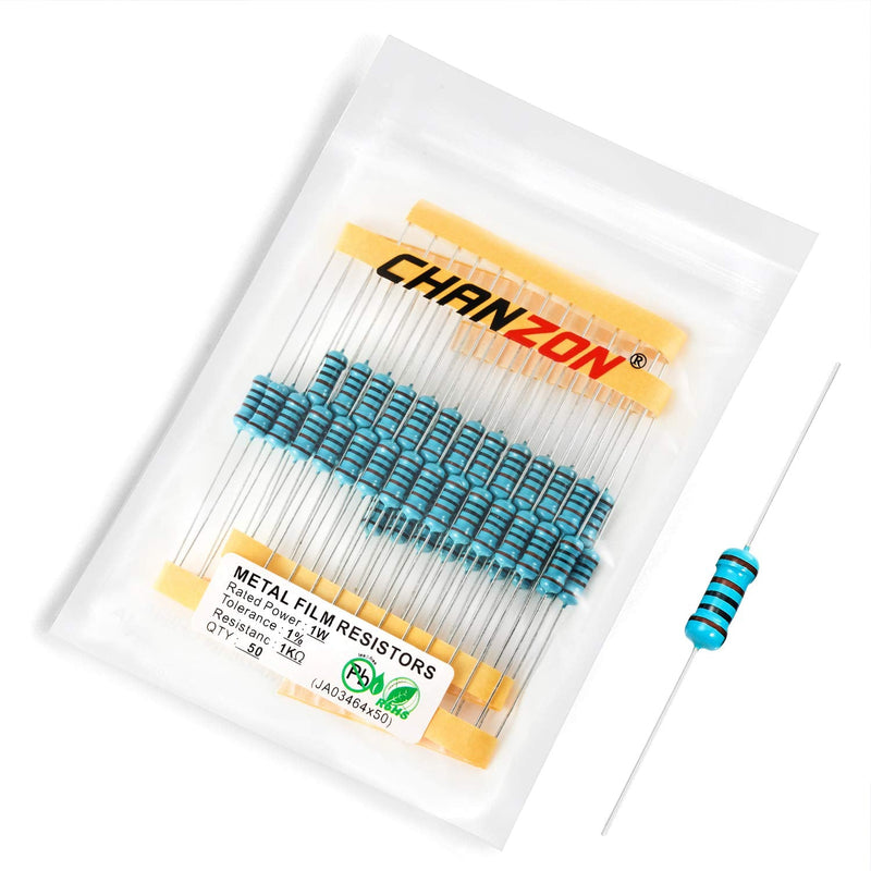 Chanzon 50pcs 1W 1K Ω ohm Metal Film Fixed Resistor 0.01 ±1% Tolerance 1KR MF Through Hole Resistors Current Limiting Rohs Certificated [1ZC20] 1K ohm