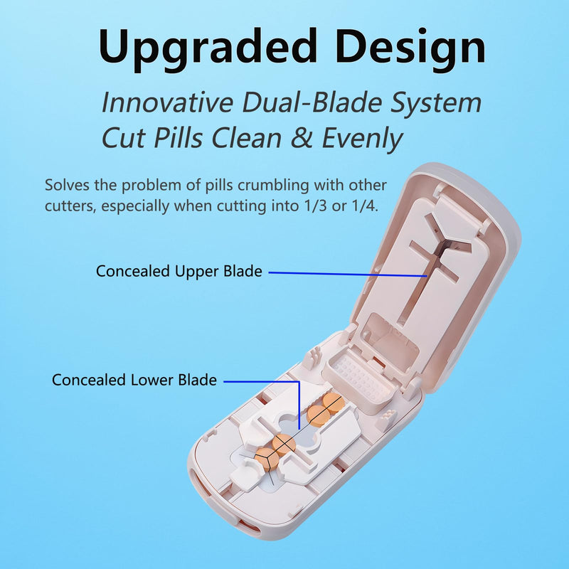Pill Cutter for Multiple Pills, Pill Splitter for Large, Small and Tiny Pills 1/2 1/3 1/4 - Upgraded Dual Blade for Clean Cutting, with Adjustable Centering Device