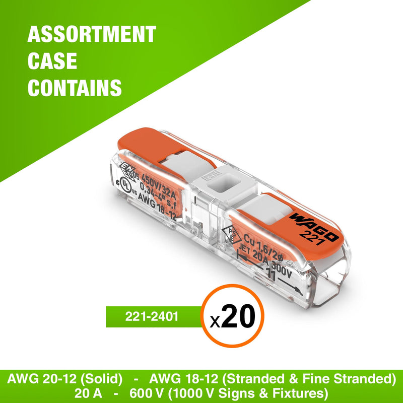 WAGO 221-2401 20pc Inline Compact Splicing Wire Connectors | Includes 20pc 221-2401 (2 Conductor) | WAGO Wire Connectors | WAGO 221 Wire Nuts | WAGO 221 Series Inline | WAGO Inline Wire Connectors 20