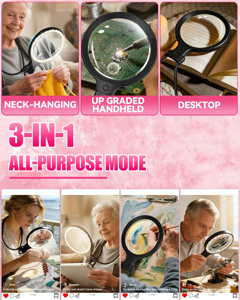 5.0 Upgraded Magnifying Glass Hand Free【12X German Ultra-HD Lens】【Cloud Sponge Neck Protection】 3 Smart Mode Light, All-Purpose Magnifying for Reading, Cross Stitch, Craft Seniors Use (Black) Black