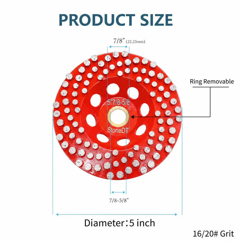 5” Concrete Grinding Wheel, Diamond Grinding Cup Wheel for Marble Granite, Angle Grinder Cup Wheel Fits 7/8-5/8 Inch Arbor, 16/20 Coarse Grit, Dot Segment 5''
