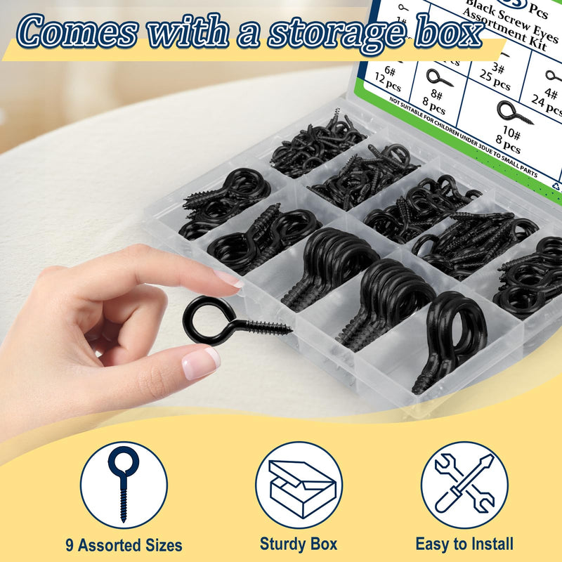 Screw Eyes Assortment Kit(195Pcs),0.75" 0.78" 0.90" 1" 1.1" 1.18" 1.39" 1.57" 1.75" Zinc Plated Eyelet Screws, Metal Small Tapping Screw Hooks Ring, Black Zinc Plated, 195pcs