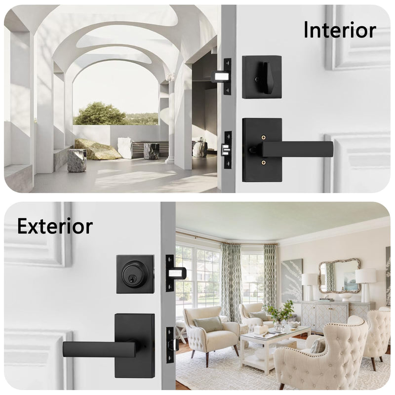 Matt Black Exterior Door Lock Setl, Front Door Handle with Deadbolt Lock, Heavy Duty Entry Door Handlset 1 Rectangle