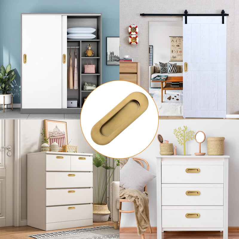 MOROBOR 6Pcs Stainless Steel Side Hole Flush Pull, Oval Embedded Sliding Door Handle Recessed Finger Pulls with Hidden Screws for Drawer Cupboard Wardrobe/Brushed Gold Brushed Gold-6PCS