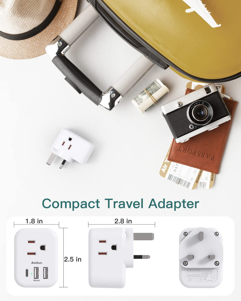 US to UK Ireland Plug Adapter, Addtam Type G Power Adapter with 3 AC Outlets and 3 USB(1 USB C), Travel Essentials for USA to Dubai Scotland British London England Hong Kong Irish Type G UK Ireland - 1 Pack