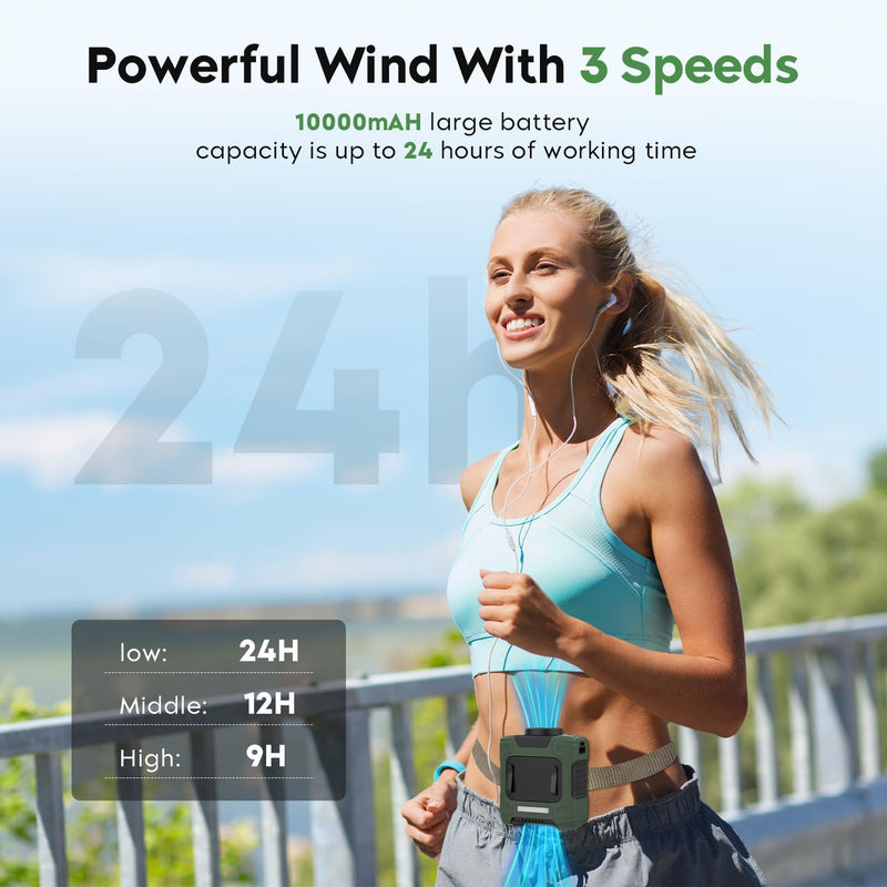 Portable Waist Fan 10000mAh Rechargeable Waist Clip Fan 18000RPM With Max 12H Working Time 3-speed adjustment with LED flashlight Portable Fan for Outdoor Jobsite and etc Green