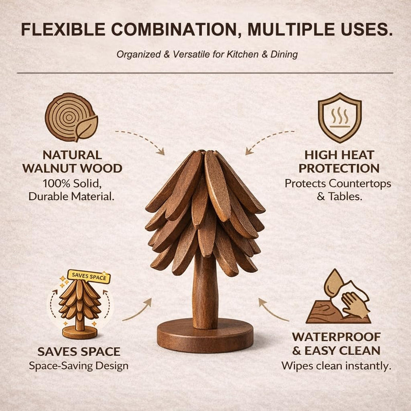 Wooden Trivets for Hot Dishes, Foldable Tree Trivet Set with Stand, 4-Layer Walnut Wood Trivet for Pots, Pans, Coffee & Teapot, Space Saving Table Protector for RV, Decorative Kitchen Decor & Gift Natural Wood