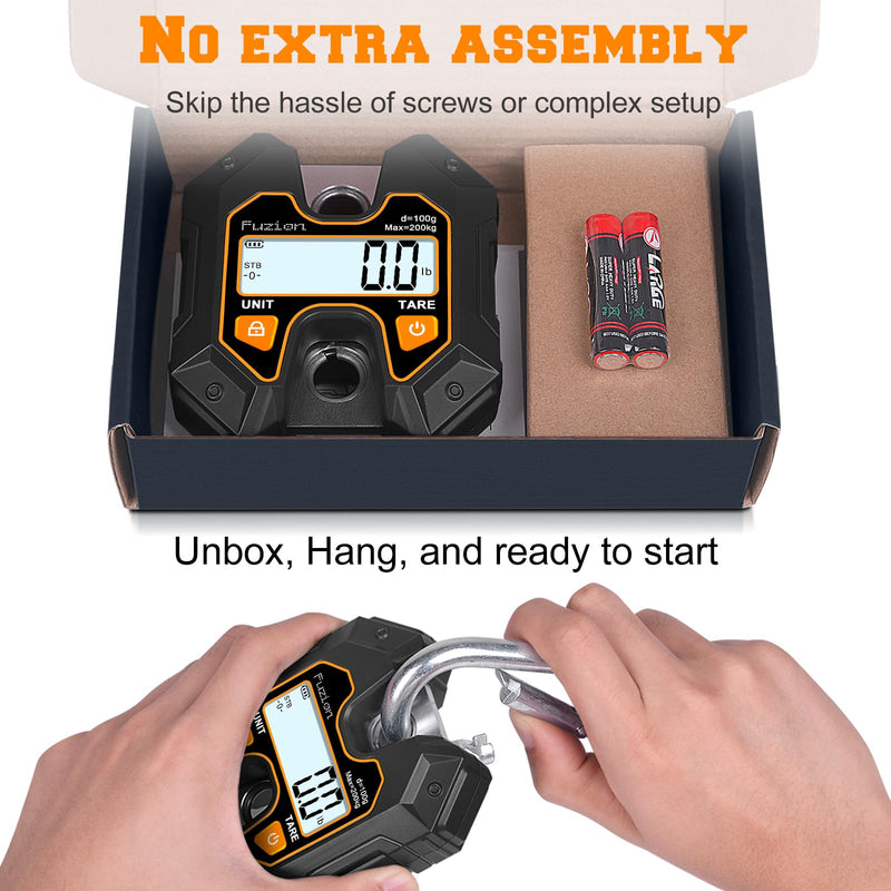 Fuzion Mini Crane Scale - Hanging Scale 440lb/200kg/1960N, Deer Scale with Large LCD Display, Hold & Tare Functions for Hunting, Farms, Fishing, No Setup Required Black+Orange
