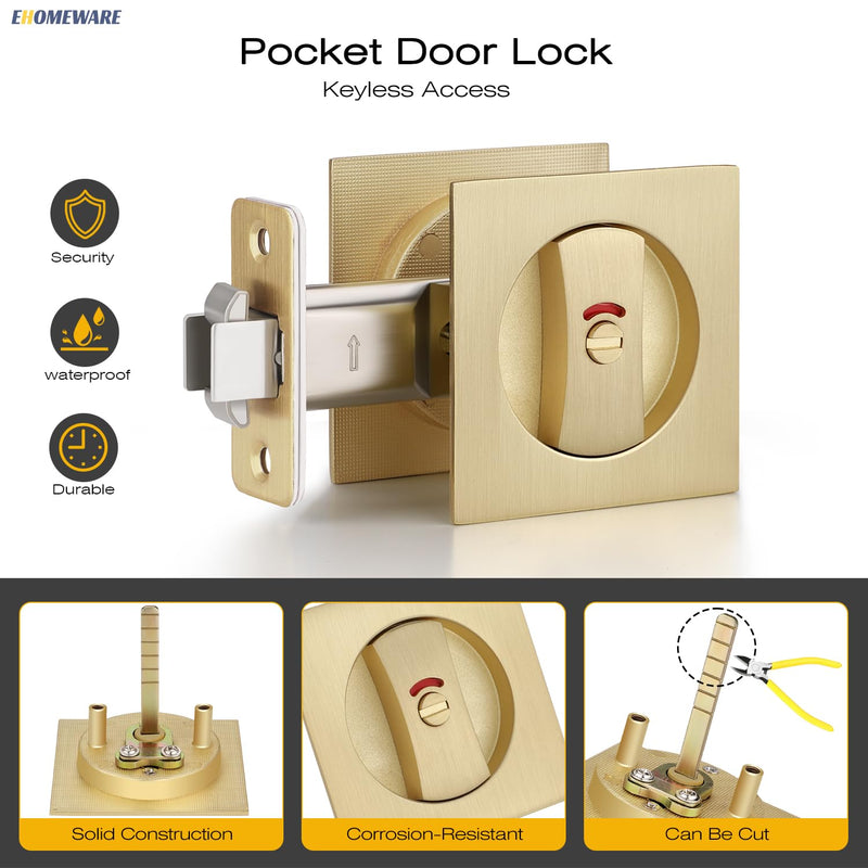 EHOMEWARE 1 Pack Gold Pocket Door Hardware, Privacy Pocket Door Lock with Red-Green Indicator, Keyless Square Pocket Door Handles, Recessed Sliding/Bifold Door Hardware, Contemporary Flat Door Knob Privacy Door Lock-1 Pack Satin Brass