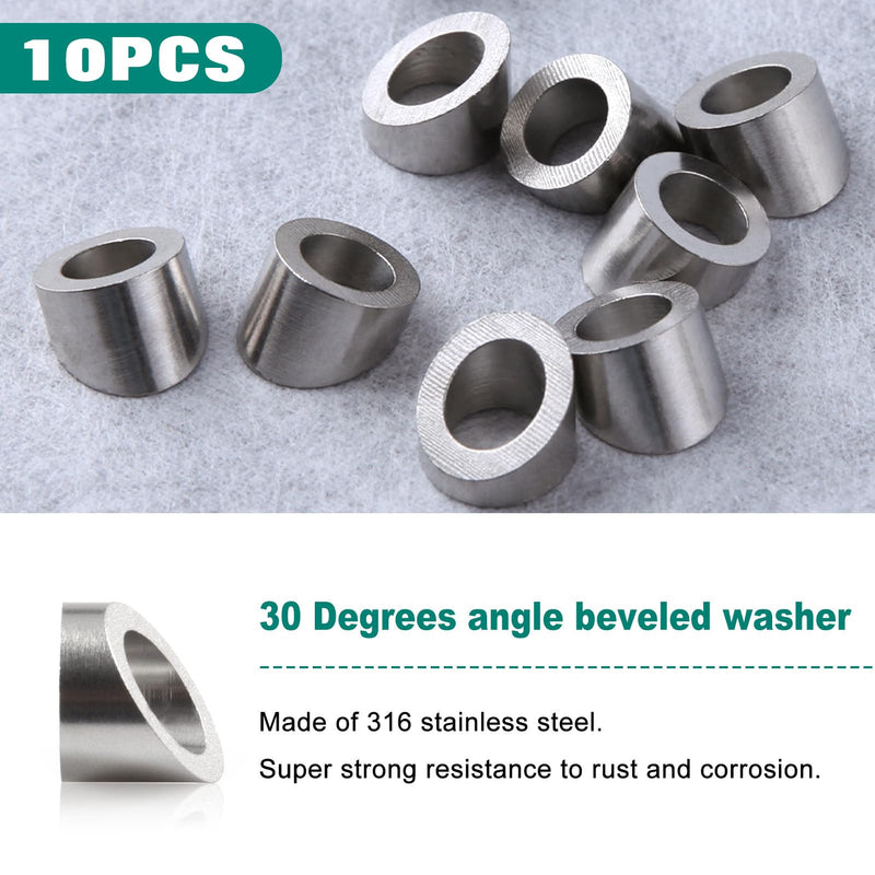 SPEEDWOX 10 Pcs 3/8" 30 Degree Angle Beveled Washers, 316 Stainless Steel Angled Washers, Suit for 1/8" 5/32" 3/16" Wire Rope Cable Application