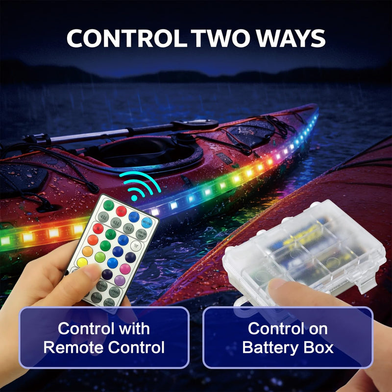 Battery Powered RGB+IC Dream Color Chasing Marine Boat LED Strip Lights with Remote, 16.4FT IP68 Waterproof WS2812B Addressable Kayak SUP Light for Pontoon, Paddleboard, Canoes, Golf Cart 1 x 16.4FT