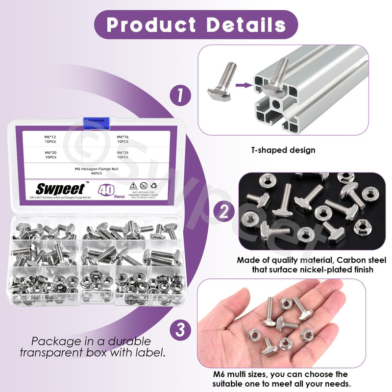 Swpeet 80Pcs 4 Sizes European Standard 30 Series M6 x 12/16/20/25mm T Slot Drop-in Bolt and Nickel M6 Flange Nut Assortment Kit, Thread T Slot, Drop-in Bolt T-Bolt, Hammer Head Bolt, T Screw Stud