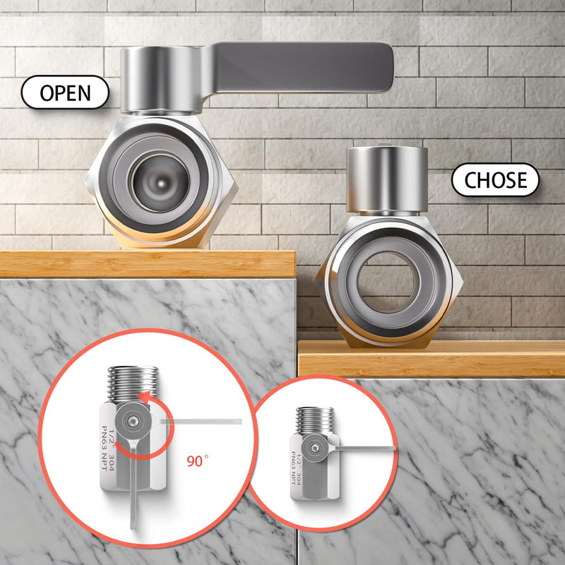 304 Stainless Steel Showerhead Shut Off Valve with Handle, Mini Ball Valve 1/2" Female X Male NPT, Water Flow Control Valve Regulator Chrome, ShowerHead Flow Control Valve 1Pcs