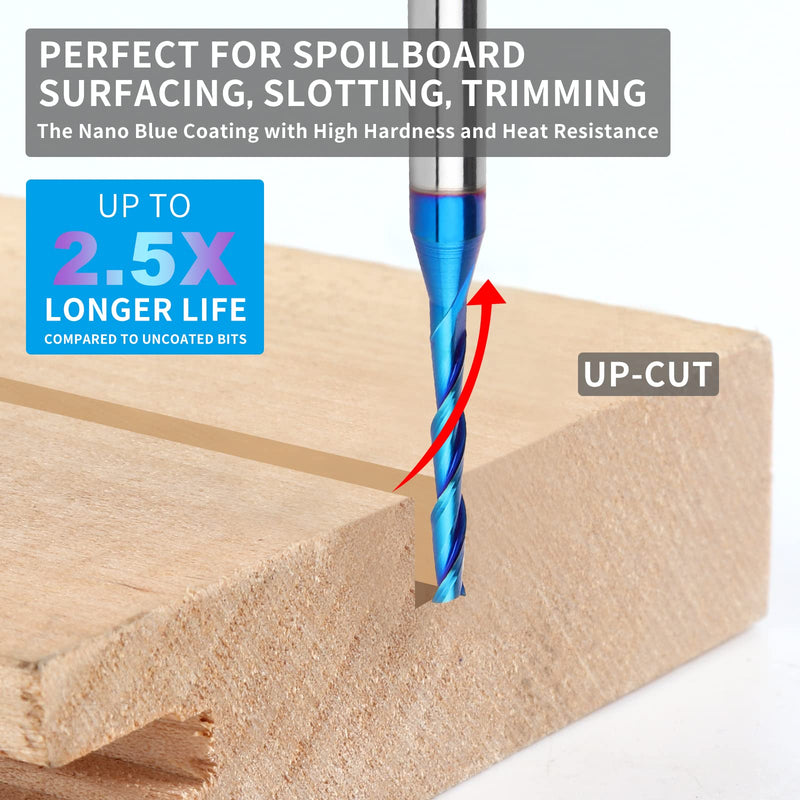 Upcut Spiral Router Bit 1/4 inch Shank, 1/8 inch Cutting Diameter, Extra Long 3 inch Solid Carbide with Nano Blue Coating CNC Router Bits End Mill for Wood Cut, Carving 3" OVL - Up Cut