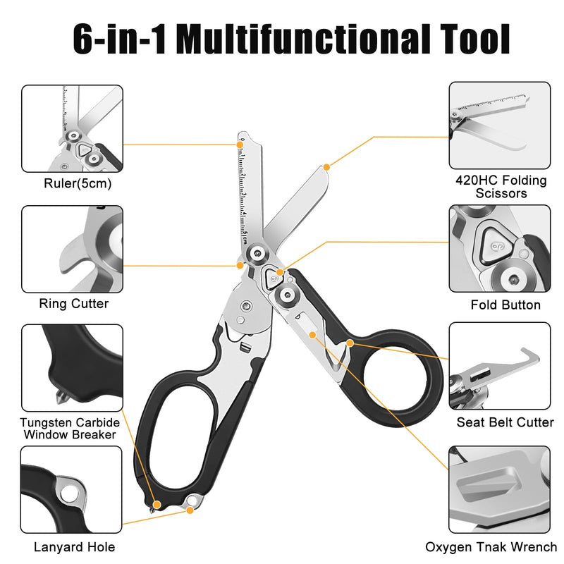 6 In 1 Multi-function Trauma Shears Foldable with Compatible Holster and Penlights,Emergency Rescue Shears with Strap Cutter and Glass Breaker for Outdoor Medical Scissors Tools Black
