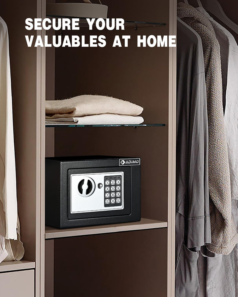 ADIMO Small Safe Box for College Dorm Room, 0.236 Cubic Feet Money Safe with Keys & Pass Code & Wall Mount Kits, Hidden Home Safe for Money, Jewelry, and Valuable 0.236 Cu.Ft.