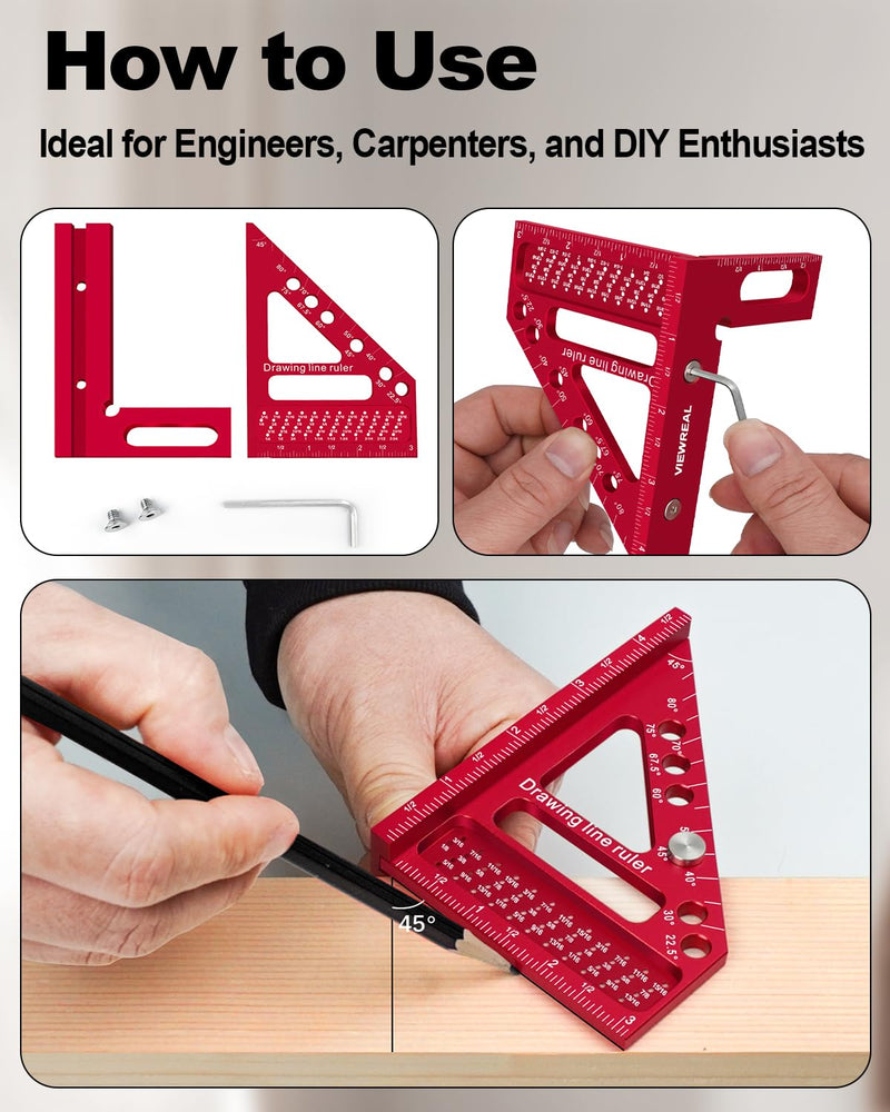 Premium Carpenter Square Hole Scribing Ruler Woodworking Square 22.5-90 Degree Measuring Ruler with Angle Pin,Versatile Multi Angle Square for Woodworking, Engineering, and Construction Red