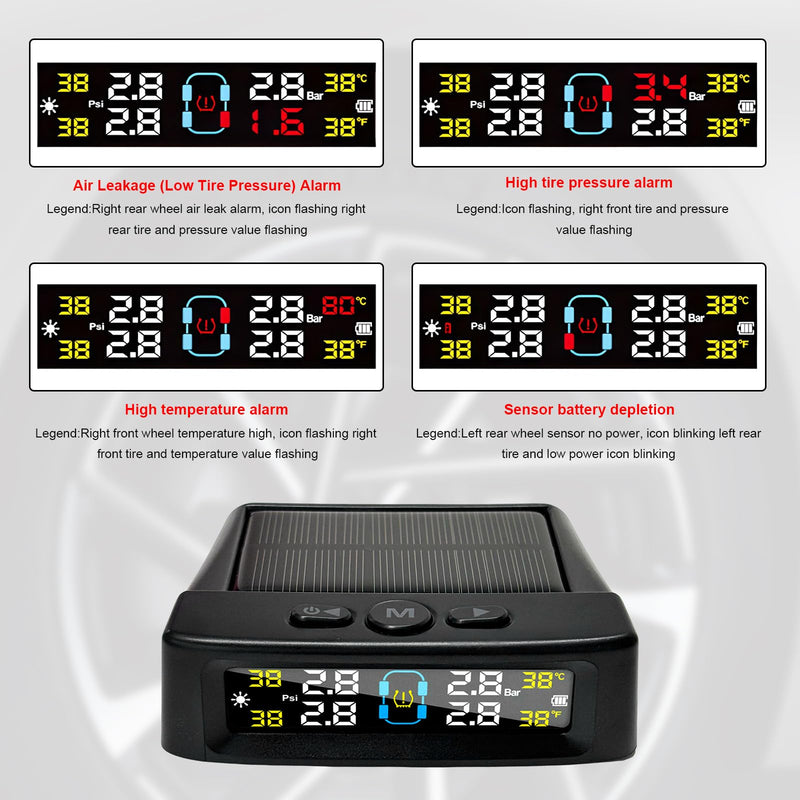 Tire Pressure Monitoring System, Tire Monitoring System with Solar & USB Charger, 4 External Sensors, 6 Alarm Modes, Auto On/Off Real-time LCD Display Tyre Pressure Monitor