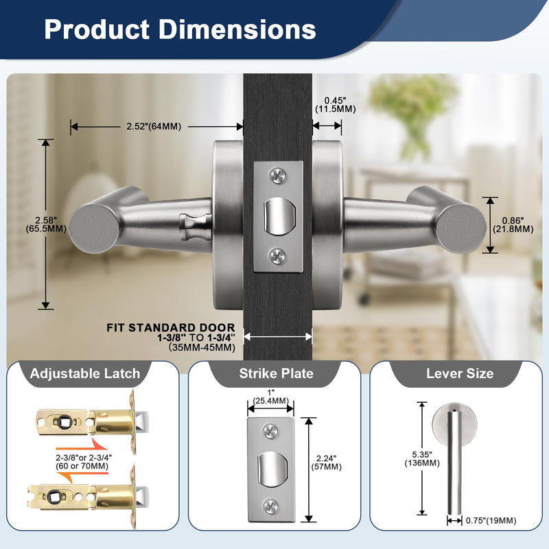 Orger 2 Pack Privacy Interior Door Handles for Bathroom and Bedroom, Stain Nickel Door Lock Handles, 304 Stainless Steel Keyless Door Knobs for Right & Left Sided Brushed Nickel