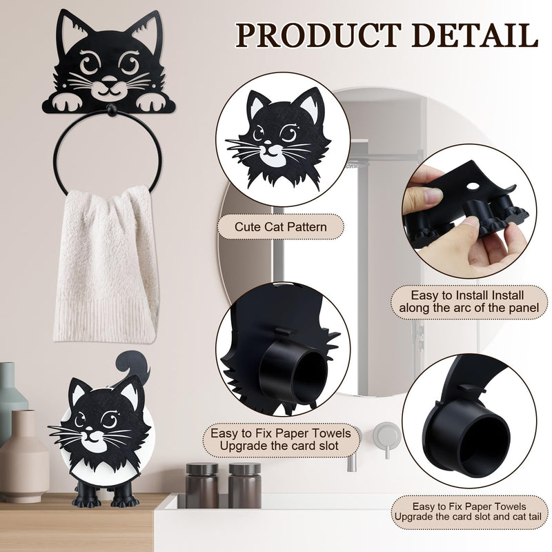 3 PACK Cat Toilet Roll Holder And Cat Metal Towel Ring 3D Printed Black Cat Paper Towel Holder Cat Bathroom Decor Funny Toilet Paper Holder Cat Bathroom Set of 3 Christmas Thanksgiving Gifts for Women