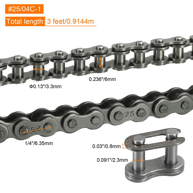 uxcell #25/04C-1 Roller Chain 3 Feet 1/4" Pitch Carbon Steel Roller Chains with 2 Free Master Connector Links for Mini Bikes, Motorcycles, 144 Links