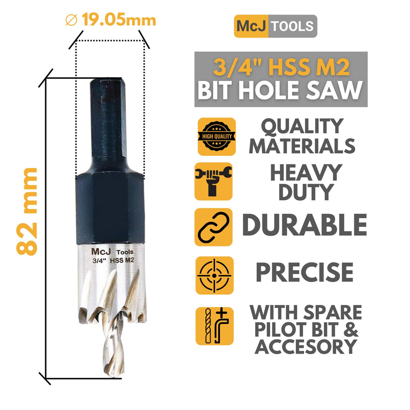 McJ Tools 3/4 Inch HSS M2 Drill Bit Hole Saw for Metal, Steel, Iron, Alloy, Ideal for Electricians, Plumbers, DIYs, Metal Professionals 2 Pack