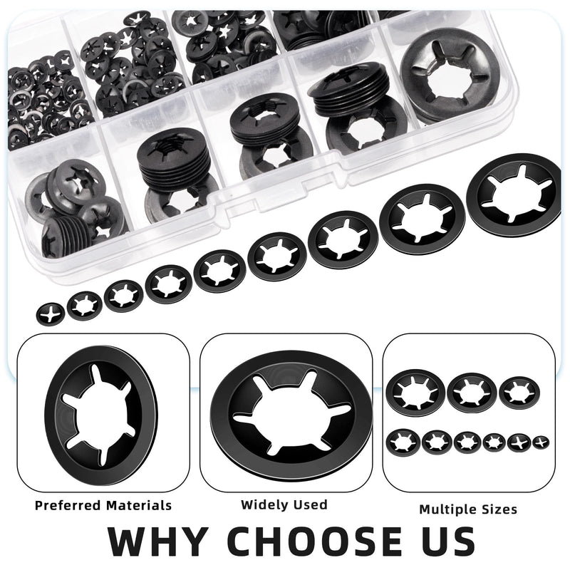 Glarks 351pcs 65Mn-Steel Internal Tooth Star Lock Washers Assortment Kit M2 M2.5 M3 M4 M5 M6 M8 M10 M12 Quick Speed Locking Washers Push on Locking Washers