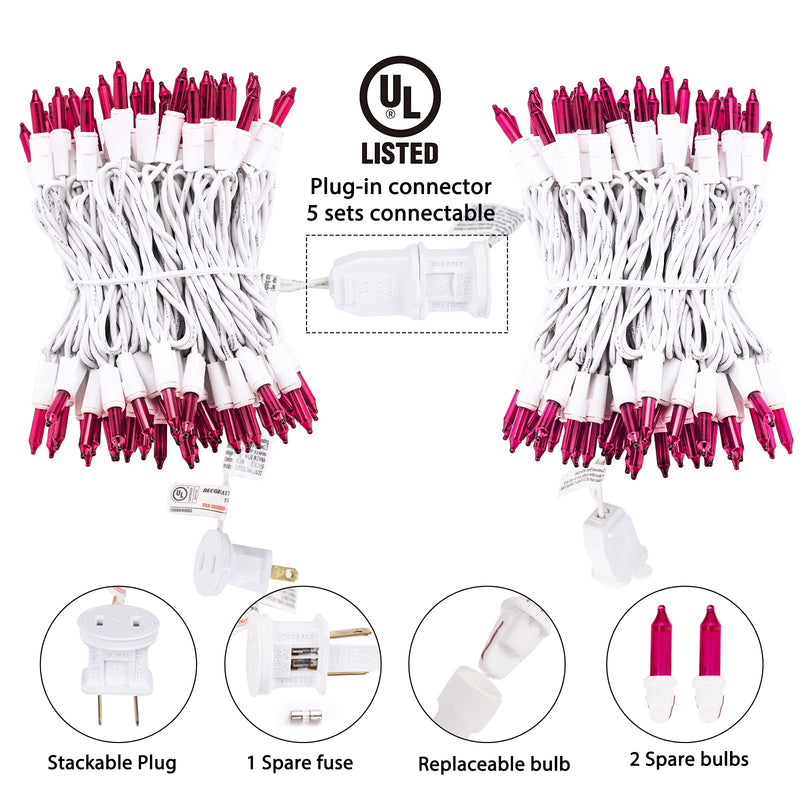 Christmas Pink Mini String Lights - 100 Count 25 Feet Detachable Incandescent Bulb Waterproof Fairy Lights Plug in for Indoor Outdoor Party Patio Xmas Tree Valentine's Day Decoration, White Wire