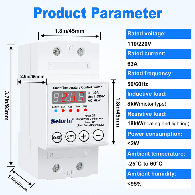 High-Power Temperature Control Switch, Rail-Mounted Digital Thermostat with Real-Time LCD Display for Heating & Cooling, 63A 110/220V, -40°C to 140°C, Ideal for Greenhouses, Aquaculture,Boilers