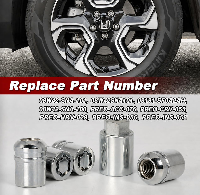 Anti-Theft Wheel Lock Lug Nuts, M12x1.5, 4-Piece Set + 1 Hex Key, Compatible with Honda Accord, CR-V, Civic, HR-V，Replace 08W42-SNA-101