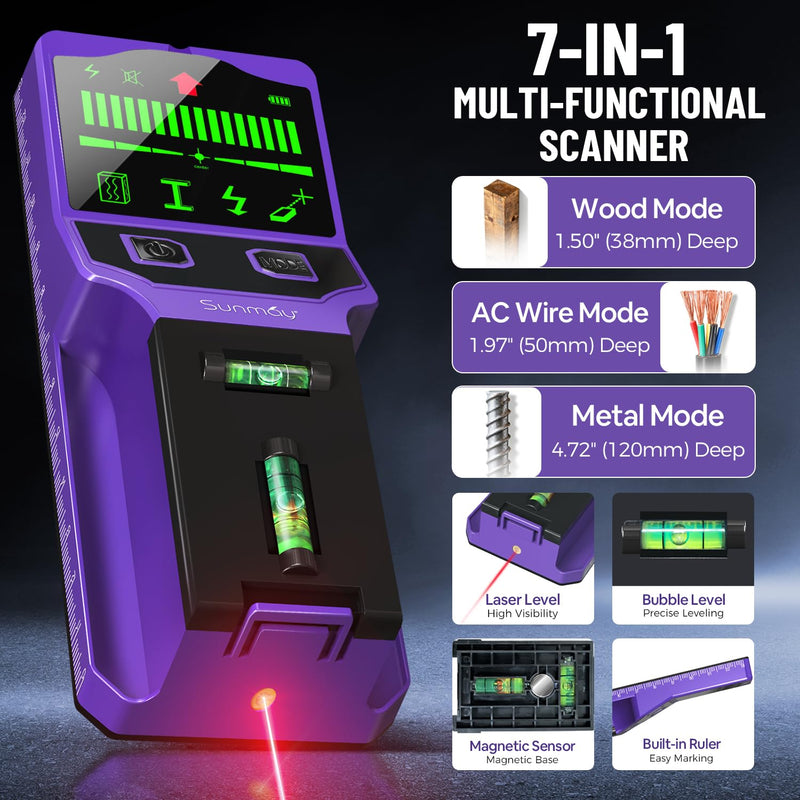 SUNMAY Stud Finder Wall Scanner, 7-in-1 Electronic Stud Sensor & Wall Detector for Center & Edge of Wood Metal Studs Joists AC Wire Pipe, HD LCD Display with Voice Alarm, Deep Scan Mode Purple