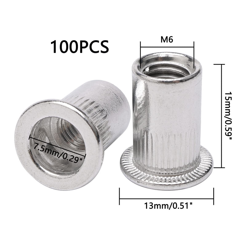 M6 6 mm Flat Head Threaded Rivetnut Insert Aluminum Rivet Nut Blind Insert Nut Pack of 100 M6