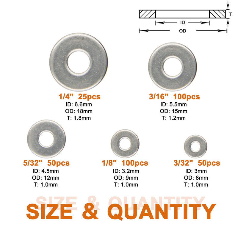 ISPINNER 325pcs Backup Rivet Washers Assortment Kit, Stainless Steel Washers for Blind Pop Rivets Diameter 3/32" 1/8" 5/32" 3/16" 1/4"(Silver) Silver