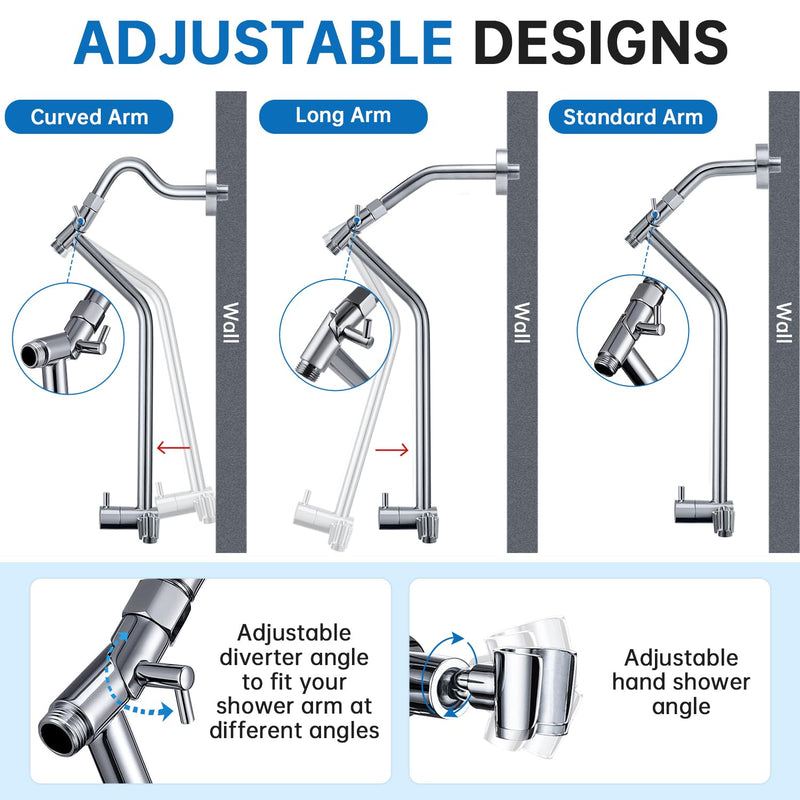 G-Promise All Metal Shower Diverter with Low Holder, Extended 13.5 Inch, 3-Way Diverter Valve with Pause Mode for Handheld and Fixed Shower Heads ∣ 4-Setting Replacement Part (Chrome) Chrome