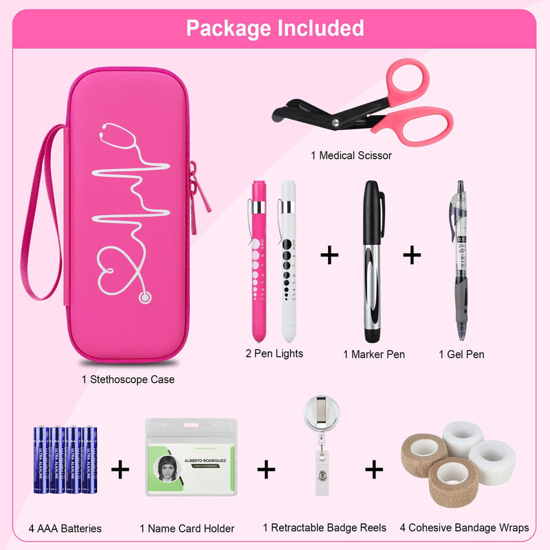 BOVKE 15 Pcs Stethoscope Case Kits Include Supplies, Portable First Aid Kit Bag Contains Stethoscope Case, Penlights, Bandage Wraps, and Other Nursing School Tool Essentials, Raspberry
