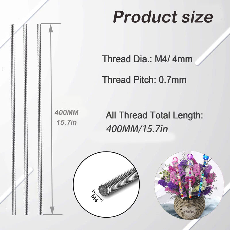 24pcs 8/32 Inch Threaded Rods with Hex Nuts M4 16 Inch 304 Stainless Steel Fully Rod Threaded, 12 Pcs Right Hand Threads &12 Pcs Hex Nuts for Beaded Garden Stake Rods (400MM) 16inch（24pcs)