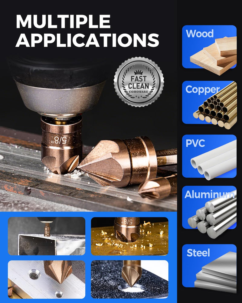 COMOWARE Countersink Drill Bit Set, M35 HSS Chamfer Tool 6 Pcs, 1/4 Inch Hex Shank Chamfer bit, Countersink Drill bit for Wood Metal Stainless Steel Carbon Steel