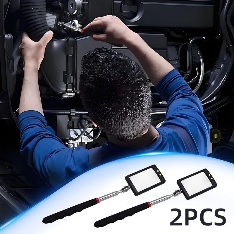 2Pcs Telescoping Lighted Inspection Mirror, 360° Rotation Mechanics Mirror Tool with 34.5" Long Extension Handle, Flexible Inspection Lighted Tool on a Stick for Mechanic, Home Inspector, Automotive