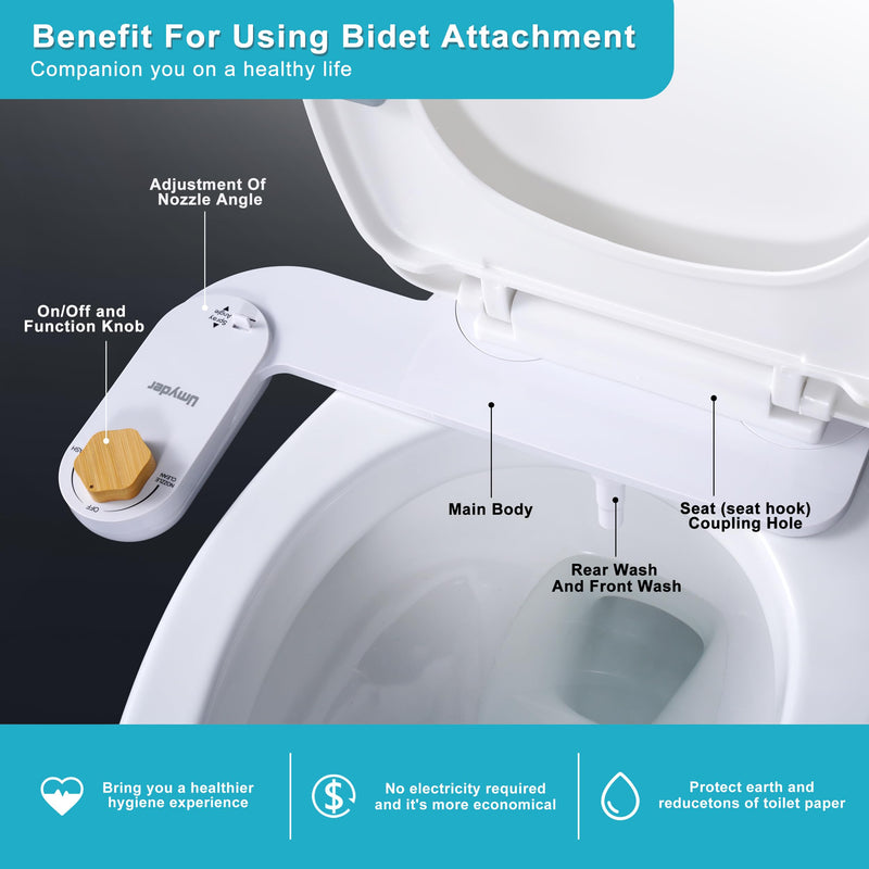 Bidet Attachments for Toilet Seat,Non-Electric Cold Wash Bidet,Adjustable Water Pressure&Spray Angle for Front&Rear Wash,Self-Cleaning Nozzle,Fits Elongated&Round Toilet,Bamboo Knob