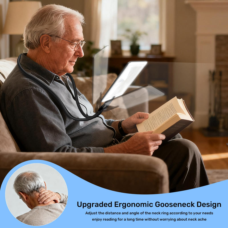 5X Neck Magnifying Glass with Light, Magnifier with Light Hands Free, Full Book Page Magnifier with 3 Light Modes, Flexible Gooseneck for Seniors Reading Low Vision Neck Magnifier Black