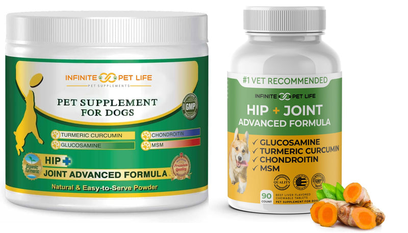 Infinite Pet Supplements Advanced Hip and Joint Supplement for Dogs Large Breed - Glucosamine for Dogs Mobility & Pain Relief - Chondroitin, MSM & Turmeric | Bundle Pack(Chewable Tablets + Powder)