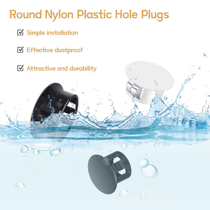 200PCS 7 Sizes White Hole Plugs Nylon Plastic Plugs for Round Holes, 1" 3/4" 5/8" 1/2" 3/8" 5/16" 1/4" Round Hole Plug Hole Cover Snap Locking, Used for Plastic, Cabinet Furniture DD016-w