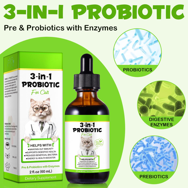 3 in 1 Probiotics for Cats, Cat Digestive Support,Daily Digestive Health Supplement with Multiple Strains of Bacteria Help with Diarrhea,Gas and Bloating, Cat Herbal Supplements- 60ml