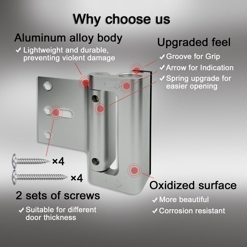 2 Pack Door Locks for Kids Safety, Reinforcement Lock for Inside Swinging Door, Premium Aluminum Alloy Door Lock Latch to Prevent Unauthorized Entry & Children's Sneaking Out (Frosted Silver)