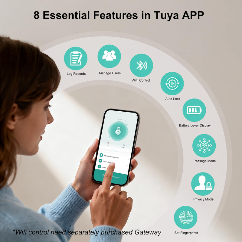 52HZ Smart Fingerprint Door Lock, 3 in 1 Finger Print Door Knob with Tuya App Control & Key, Auto Lock, Thumbprint Keyless Entry Door Lock for Front Door, Home, Apartment, Office, Satin Nickel