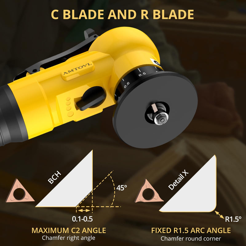 AMTOVL Air Chamfer Tool - Mini Pneumatic Chamfering Machine, 30000 RPM Pneumatic Chamfering Tool, 45 Degree Air Beveling Machine with 1/4 Inch Air Inlet for Metal, Wood, Acrylic Deburring and Trimming Yellow