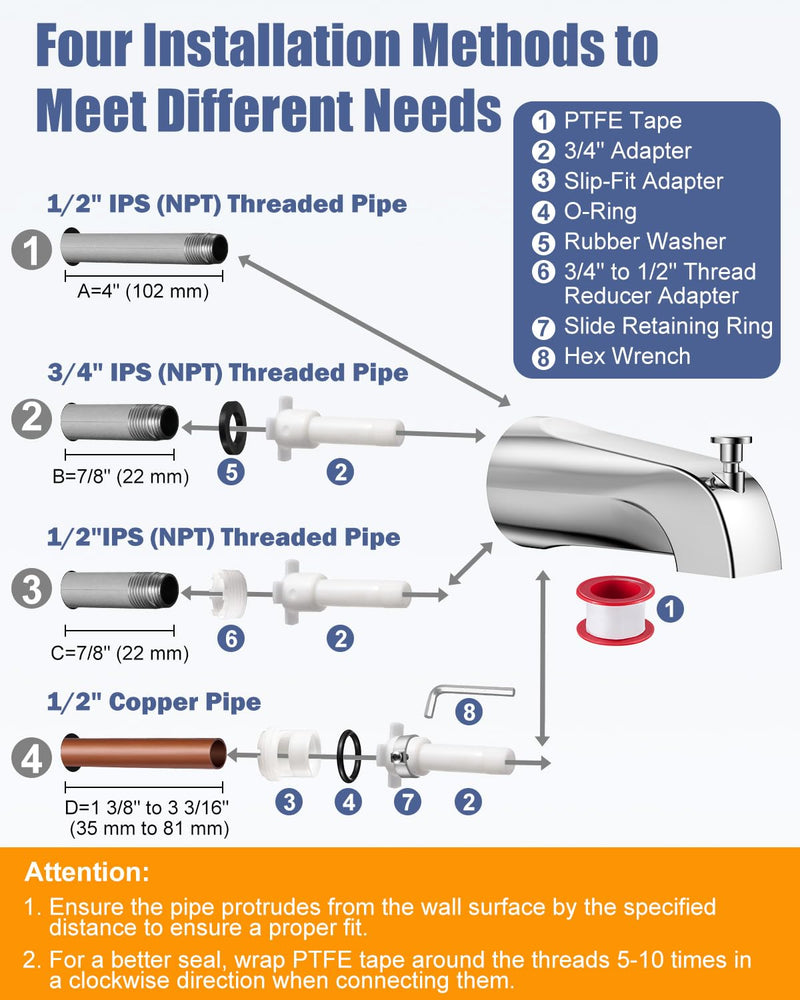 Universal Bathtub Tub Spout with Diverter, Fits 1/2" Slip-Fit Copper Pipe and 1/2" IPS & 3/4" IPS Thread Connections, Bathroom Tub Faucet Replacement with Adapters, PTFE Tape and Hex Wrench (Chrome) Chrome
