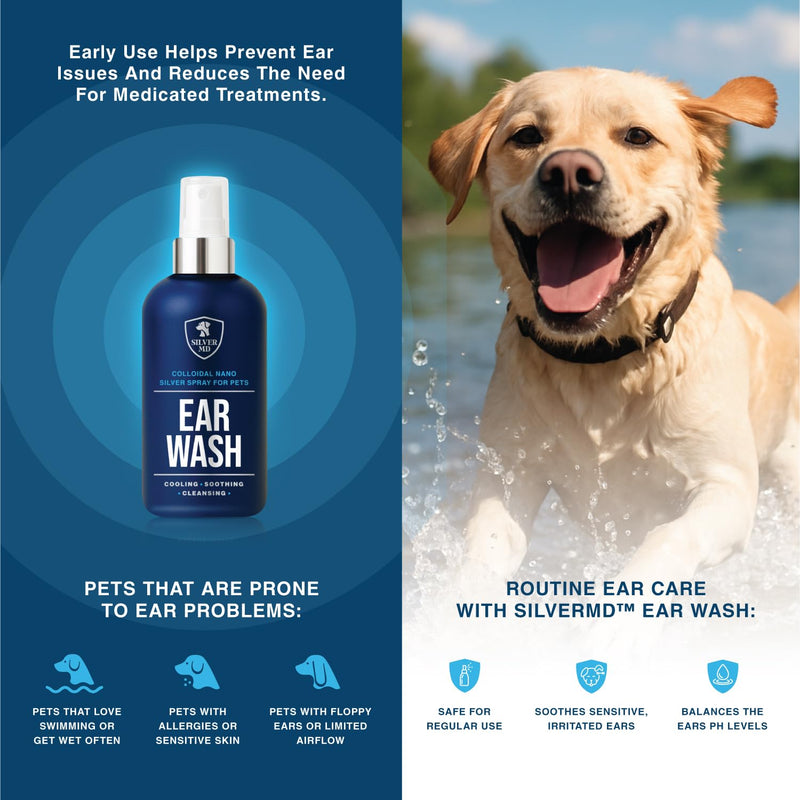Pet Ear Wash Spray for Dogs & Cats, 8 oz Nano Silver Ear Cleaner, Gentle Ear Flush for Itchy Sensitive Ears, Soothing Cleansing Solution for Wax, Odor & Daily Ear Care