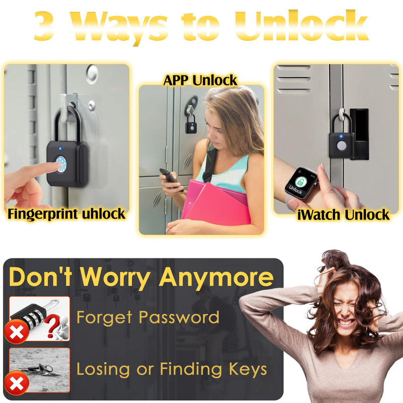 Pothunder Fingerprint Padlock, Smart Padlock, Locker Lock, Combination Lock, Fingerprint Lock with APP Unlock, USB Rechargeable, Suitable for Gym Locker, Door, Locker(Black) Black